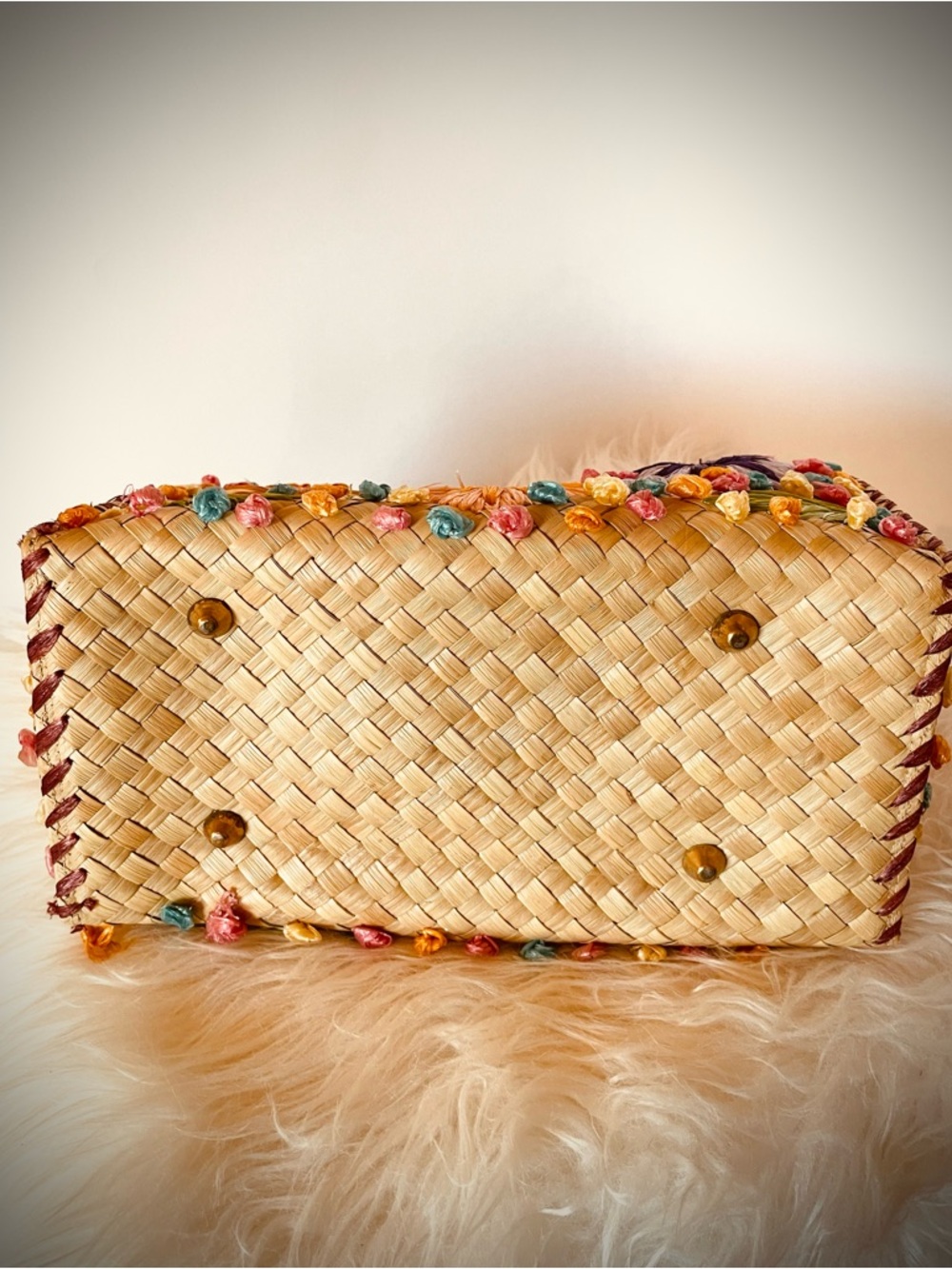VTG Handbag Straw Raffia Floral Woven Bag Mid Century Philippines Colorful Purse - Picture 8 of 13